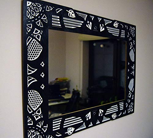 Espejo de madera negro natural decoración de pared para dormitorio, sala de estar, cocina, arte colgante grande, marco multicapa (horizontal)