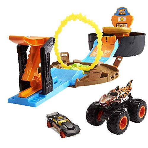Hot Wheels Monster Trucks Rueda de acrobacias Pista de coches de juguete incluye 2 vehículos (Mattel GYN01)