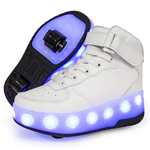 LED Luces Zapatos con Ruedas Dobles para Pequeños Niños y Niña, Automática Calzado de Skateboarding Deportes de Exterior Patines en Brillante Aire Libre y Deporte Gimnasia Zapatillas,Blanco,37