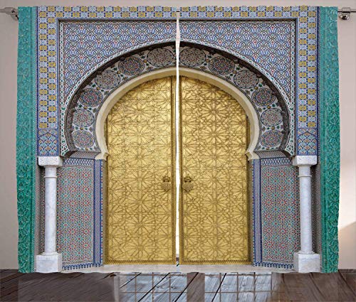 MLNHY Moroccan Curtains, Antique Doors Morocco Yellow Doorknob Ornamental Carved Intricate, Living Room Bedroom Window Drapes 2 Panel Set, Gold Teal,Size:110 X 86 Inches