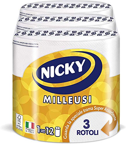 Nicky Milleusi - Papel absorbente multiusos | Paquete de 3 maxi rollos de 2 capas | 552 hojas por rollo | Gran absorción y resistencia para limpieza en cualquier ambiente | Producto 100% italiano