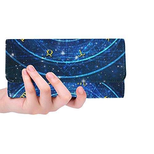 Símbolos del zodiaco de la rueda de la astrología de encargo único sobre azul Stock de ilustración Bolso de la caja del titular de la tarjeta de crédito del monedero largo monedero de las mujeres