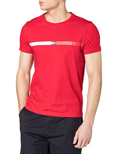 Tommy Hilfiger Global Stripe Chest tee Camiseta, Rojo primario, XL para Hombre