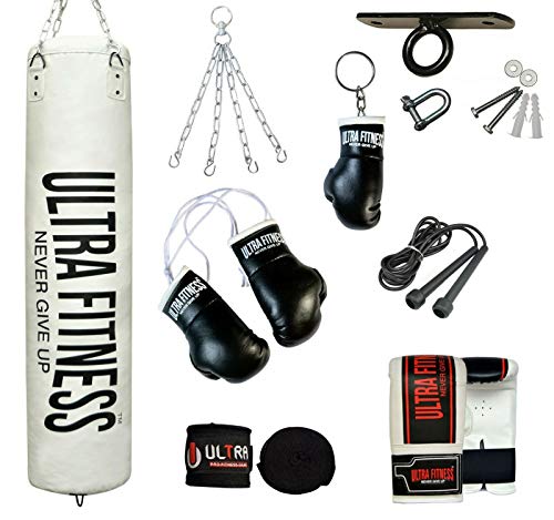 ULTRA FITNESS - Juego de saco de boxeo relleno pesado de 1,2 m o 1,5 m con gancho para el techo, blanco, 4 pies