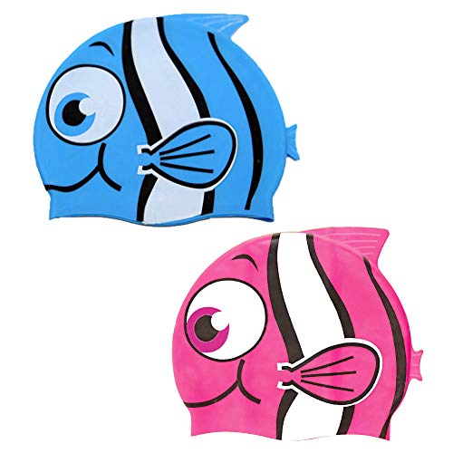 2pcs Gorro de natación de Silicona con Forma de pez para niños y niñas de Menos de 10 años（Azul y Rosa）