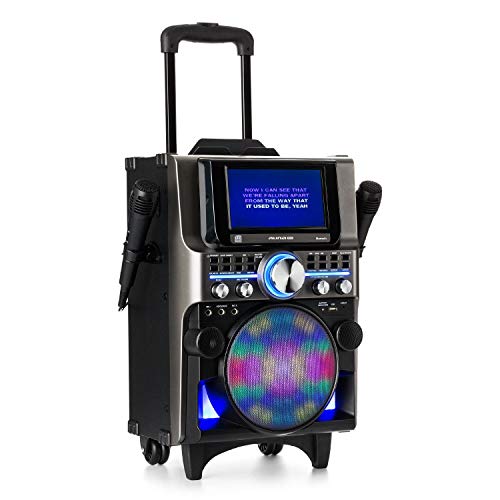 auna Pro DisGo Box 360 Black Edition - Equipo de Karaoke, Sistema de Audio para Fiestas, Bluetooth, Pantalla TFT de 7'', CD/CDG/CDR/MP3, 2 Micrófonos, Soporte para tabletas, CD de Karaoke, Negro