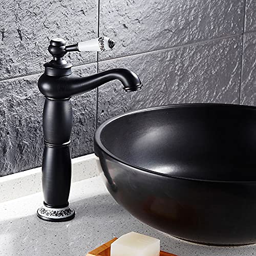 Grifo de la cocina Baño Grifo mezclador de lavabo alto Acabado en bronce negro Base de cerámica Mezclador de lavabo Agua fría y caliente Montado en cubierta ZR262