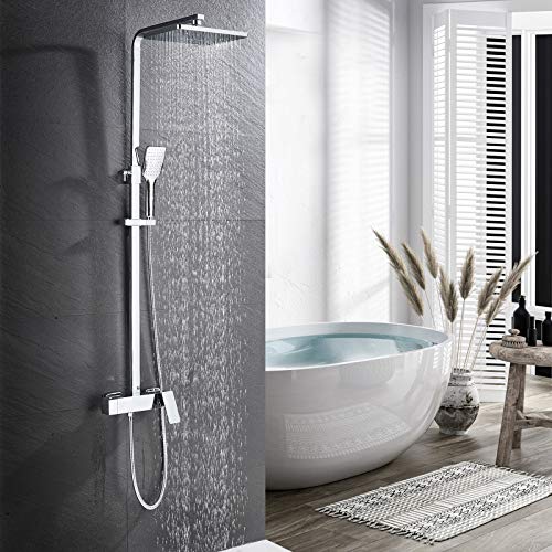 HUAHOMDY - Sistema de ducha de lluvia con 3 funciones de columna de ducha, alcachofa de mano y grifo de ducha, barra de ducha ajustable para baño