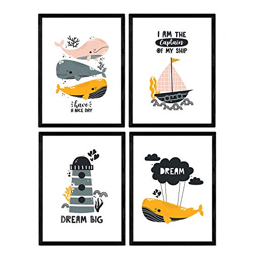 Pack de cuatro posters con ilustraciones de ballenas. Láminas con imágenes infantiles de ballenas. Ballenas faro marino barco en el fondo del mar. Tamaño A3 sin marco…
