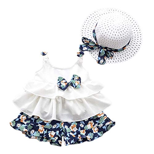 Puseky 3pcs / Set Infant Baby Girl Bowknot Tank Top + Shorts + Trajes de Sombrero de Paja (Color : Navy Blue, Size : 1Y-2Y)