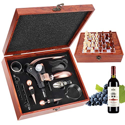 RERXN Caja de madera Accesorios de vino Juegos de regalo - Conejo abridor de vino Set de vino Sacacorchos tapón vino Vertedor vino madera ajedrez Set (marrón 0B)
