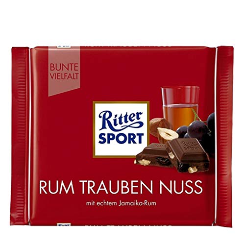 Ritter Sport - Leche de chocolate con pasas, frutos secos y ron, 100 g, paquete de 2