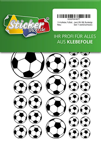 114 pegatinas de fútbol de 15 a 50 mm, color blanco y negro, de PVC, lámina impresa, autoadhesiva, EM, WM, Bundesliga