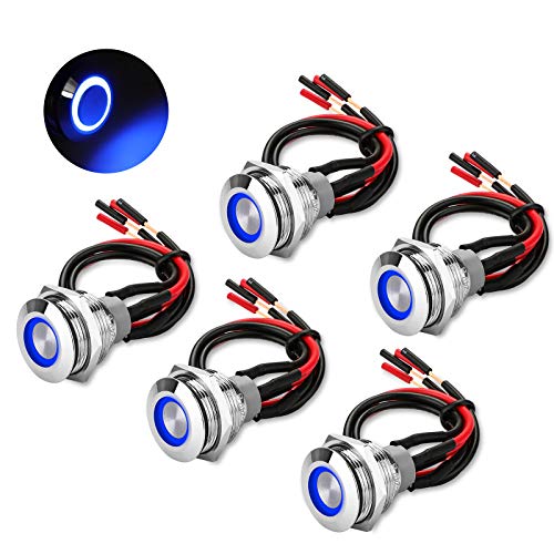 5Pcs 19mm 12V Waterproof ON Off Latching Push Button Switch with Wiring Harness and Led Indicator Light, 24V Pre-Wired SPDT Self-Locking 4 Pin Marine Metal Switch for Boats Cars Truck (Blue)