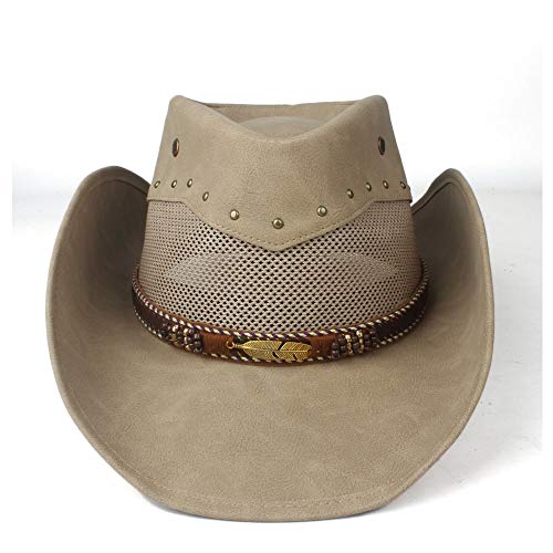 Accesorios de Vestir Mujeres Hombres 100% Cuero Western Cowboy Hat con Roll Up Brim Punk Belt Jazz Sombrero Cap Cowgirl Fedora Dad Hat Cowboy Hat Talla 58-59CM (Color : Khaki, Size : 58-59cm)