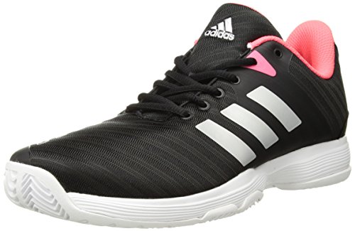 adidas Women's Barricade Court Tennis Shoe, Black/Matte Silver/Flash red, 11.5 M US