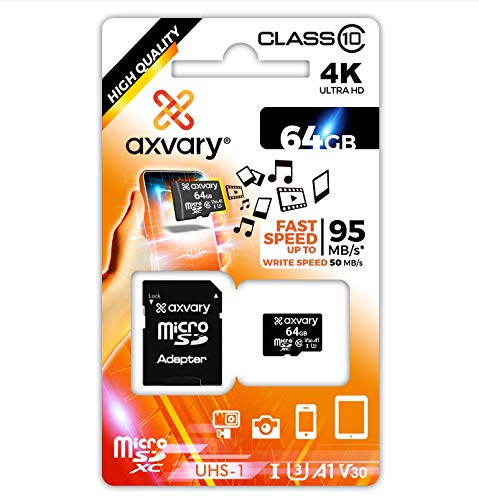 AXVARY-Tarjeta De Memoria Micro SDXC de 64 GB Clase 10, A1, UHS-1, U3, V30, 4K, 2K, 3D, Full HD con Adaptador de Regalo. Compatible para Móviles, Cámaras Fotográficas, Gopro, Nintendo Switch, Tablets