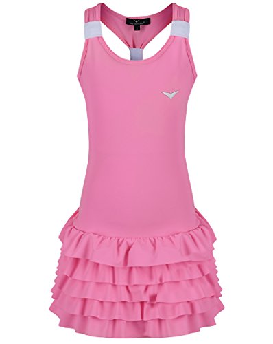 Bace Vestido de tenis rosa y blanco con ropa interior para niños, vestido de tenis para niños, vestido de netball, vestido de golf (9-10 años)