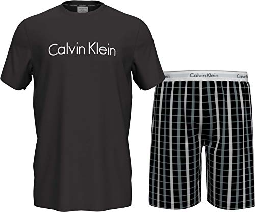 Calvin Klein S/S Short Set Juego de Pijama, Parte Superior Negra/Parte Inferior de Cuadros Perforados, M para Hombre