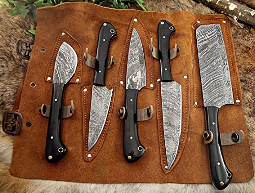 Custom made hand forged Damascus steel full tang blade kitchen knife set, Overall 45 inches Length of Damascus sharp knives (10.6+9.6+9.0+8.0+7.6) Inches, Leather suede sheath (Bull horn)