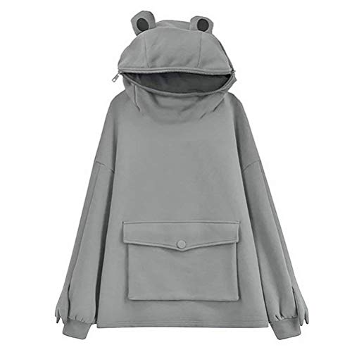 Cute Frog Hoodie Pullover Zipper Mouth,Womens Cute Frog Hoodie Loose Pullover Zip Up Hooded Top Sweatshirt Gray XL