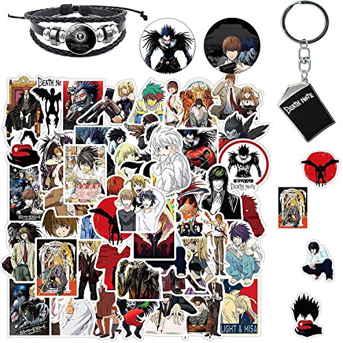 Death Note - Pack de 50 pegatinas de anime, llavero, pulsera, insignias para amantes del anime, pegatinas de vinilo impermeables para portátil, botellas de agua, ordenador, teléfono