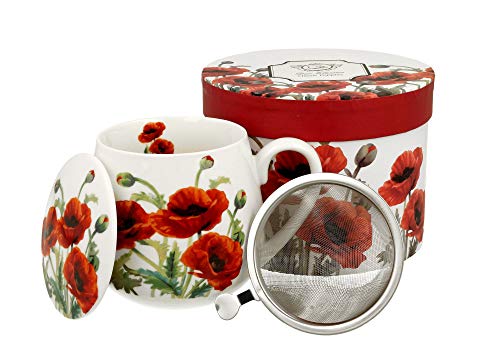 DUO - Juego de taza de té con colador (acero inoxidable) y tapa de porcelana, diseño abombado con colador, 400 ml, 3 piezas, en caja de regalo, taza de té de hierbas (amapola)
