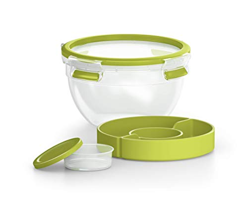 Emsa Clip&Go Saladbox - Recipiente hermético de plástico 0,6 L, ensalada Bowl redondo 1 L para ensalada con compartimento para salsas y otros platos, libre de BPA, transporte fácil