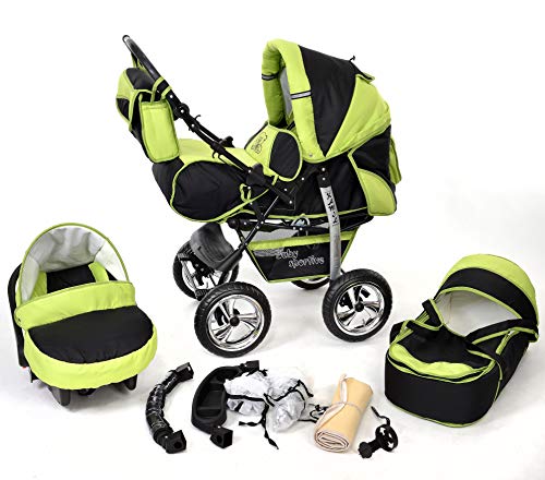 Kamil, Classic 3-in-1 Travel System with 4 STATIC (FIXED) WHEELS incl. Baby Pram, Car Seat, Pushchair & Accessories (3-in-1 Travel System, Black & Green)