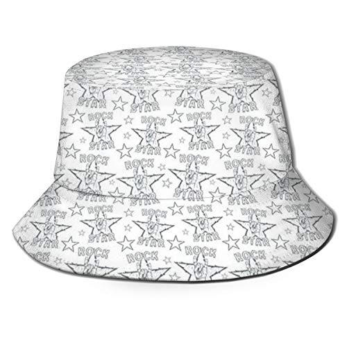 LLALUA Unisex Summer Bucket Fisherman Cap,Greyscale Rockn Roll Design with Detailed Sign of Horns Thorny Stars Pattern,Travel Beach Outdoor Sun Hat