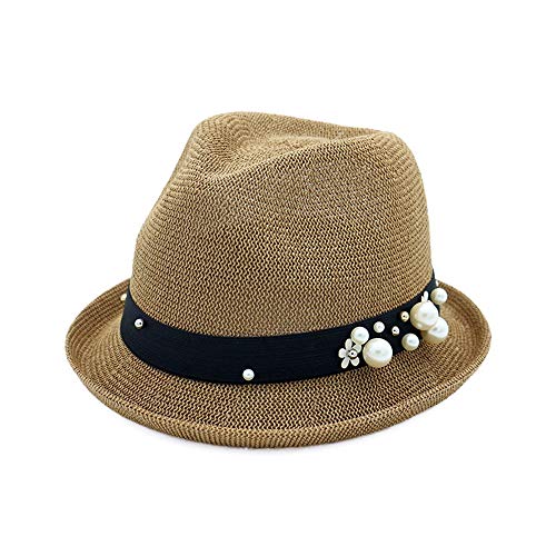LUZIWEN Sombrero del sol del sombrero del jazz de la sombrilla de las mujeres del verano Sombrero de Sun de la señora Fedora Botaer perla Roll Up Brim Sombrero de la playa del sombrero del sol del fas