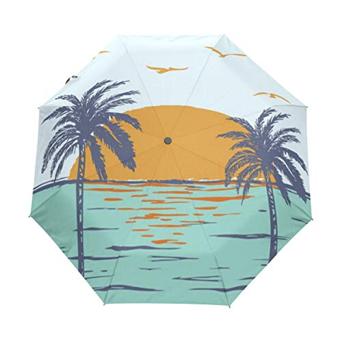 Mr.Lucien Palm Tree Beach Paraguas compacto para el atardecer automático de viaje plegable a prueba de viento para abrir y cerrar automáticamente para operación con una sola mano 2021969