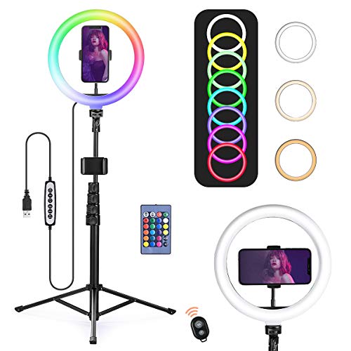 OneAmg Aro de Luz para Movil TIK Tok, 10.2" RGB Anillo de luz LED con Trípode Soporte, 15 Colores RGB y 3 Modos Normales y 10 de Brillo, para Selfie Ring Light, Maquillaje,Youtube