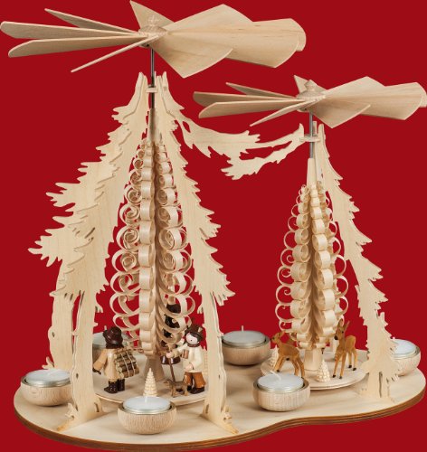 Pirámide de Navidad alemán 1-tier con dos ruedas aladas, gente del bosque - 35cm - Auténtico alemán Erzgebirge pirámides de Navidad - Kunstgewerbe Taulin