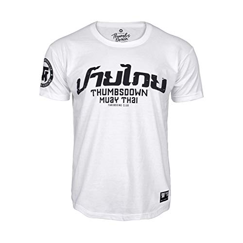 Pulgares Down Muay Tailandés Camiseta Thaiboxing Club MMA. Gimnasio Entrenamiento. Marcial Artes Informal - Blanco, Medium