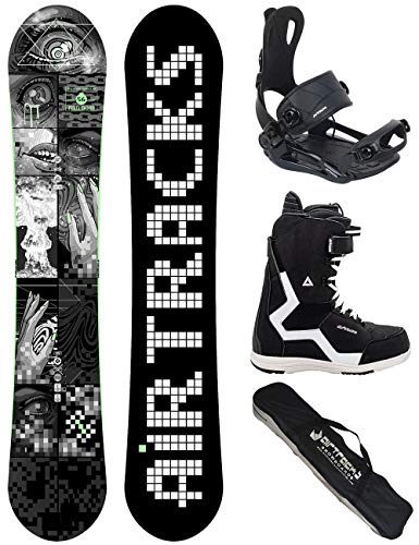 Set de snowboard de AIRTRACKS, con tabla flat rocker Stripes Wide, fijación Savage, botas y bolsa de transporte SB, de 150, 155, 160 y 165 cm, gris, Boots Star Grey 43