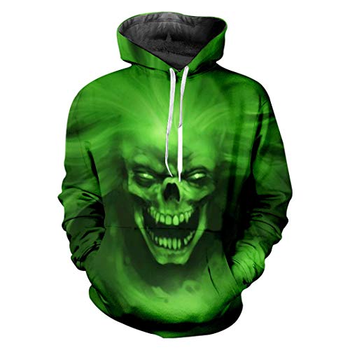 Suéter De Hombre De Los Hombres Imprimir Green Skull Tamaños Cómodos Head 3D Hoodies Sudadera De Manga Larga Hombre Hooded Hoody Homme Fitness Jacket Sweats. Ropa (Color : Verde, Size : SG)