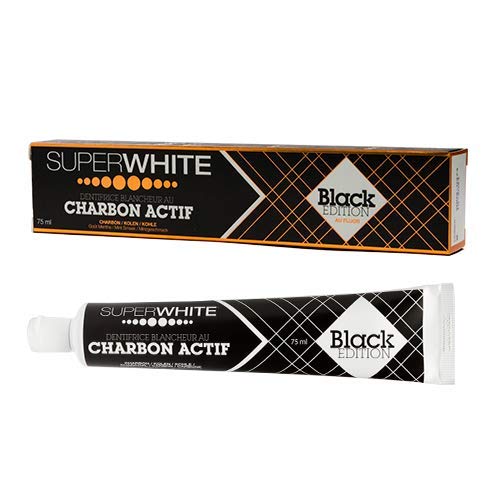 Superwhite Pasta de dientes carbón activado negro 75ml - con flúor - Para dientes blancos - Sabor a menta - Blanqueamiento dental natural - Blanqueamiento - Carbón activo para los dientes