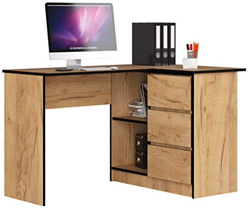 ADGO B16 - Mesa de ordenador esquinera de madera (124 x 77 x 85 cm, 3 cajones para un espacio para niños y adolescentes, taller y oficina)