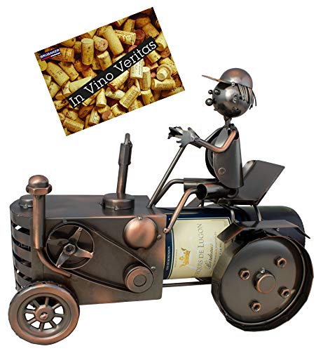 BRUBAKER Porta botella de vino tractor - Decoraciónn de tractor conductor soporte de botella de metal - con tarjeta de saludo