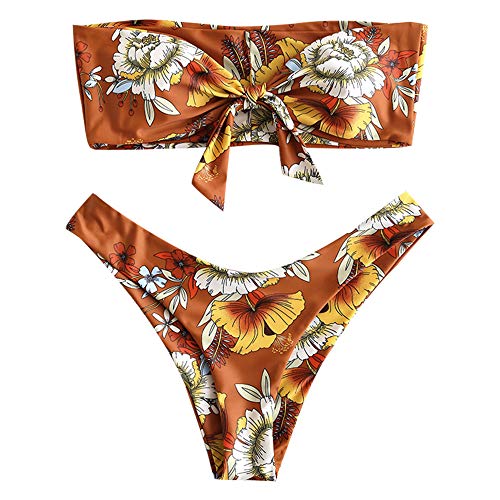 CHARMMA Conjunto de Bikini Estampado Bandeau con Nudo Delantero Dos Piezas Set Traje de Baño Verano 2019 Marrón L