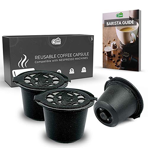 ES: Green BEANS Cápsula de café de plástico reutilizable con colador de acero inoxidable para cafeteras NESPRESSO Juego de 3 + Guía del barista GRATIS [E-Book]
