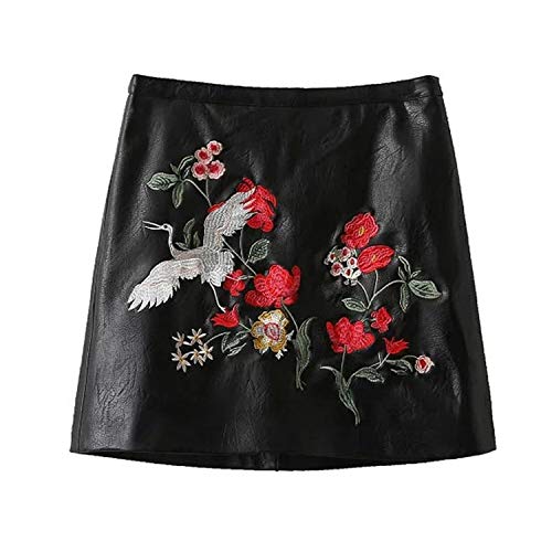 Falda de piel sintética 2019 para primavera, otoño, cintura alta, para mujer, con bordado floral, falda con cierre trasero -  Negro -  Large