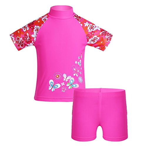 MSemis Traje de Baño Dos Piezas para Niñas Camiseta Mariposas + Bañador Estampado Flores Ropa de Natación Buceo Playa 3-12 Años Rosa 5-6 años