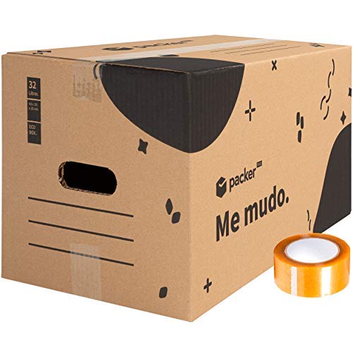 packer PRO Pack 20 Cajas Carton para Mudanzas y Almacenaje con Asas y Cinta Adhesiva 430x300x250mm