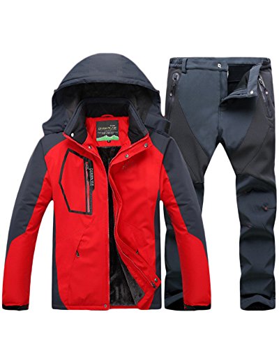 Qitun Hombre de Trekking Impermeable Deportivos Transpirable Pantalones Chaqueta de Esquí Impermeable Chaqueta de Nieve Excursionismo Conjunto Rojo G M