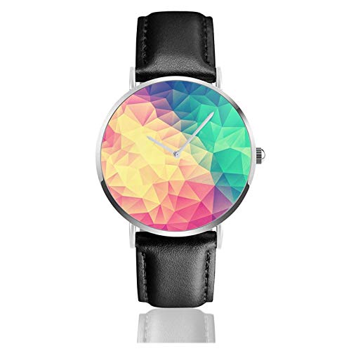 Reloj de cuero abstracto Polígono multicolor cubismo bajo poli triángulo diseño unisex clásico casual moda reloj de cuarzo reloj de acero inoxidable con correa de cuero