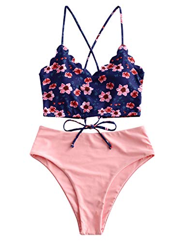 ZAFUL Bikini de dos piezas para mujer, traje de baño acolchado con estampado de hojas y cordones, parte superior de tankini de cintura alta, traje de baño mixto (rosa, S-EU 36)
