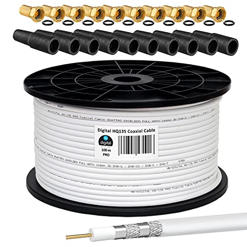 130 db 100 m cable coaxial HQ-135 PRO 4-capas + 10 F-connettore dorado + 10 goma protector para la lluvia para DVB-S/S2 DVB-C y instalaciones DVB-T BK para recibir emisoras de FULL HD 3D Ultra HD UHD señales