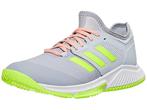 adidas Women's Court Team Bounce Volleyball Shoe, Halo Silver/Yellow/Halo Blue, 7.5